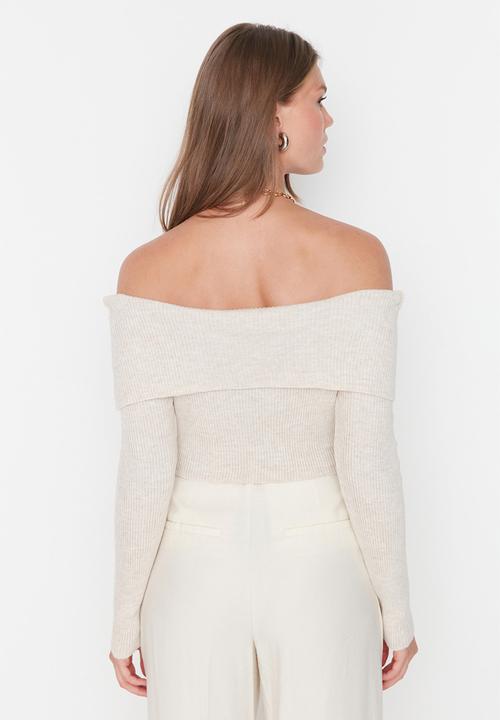 Trendyol - Stone super crop carmen collar knitted top