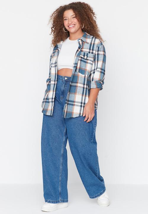 Trendyol - Plus High Waist Wide Cut Jeans - Indigo 