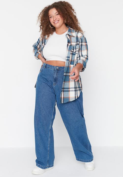 Trendyol - Plus High Waist Wide Cut Jeans - Indigo 