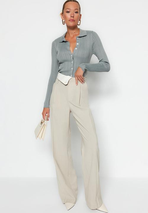 Trendyol - Grey ribbed polo collar knitwear cardigan