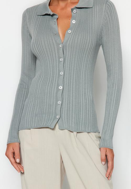 Trendyol - Grey ribbed polo collar knitwear cardigan