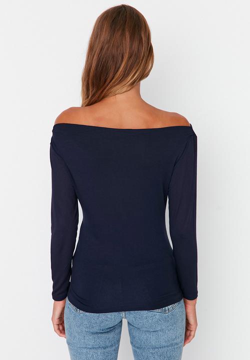 Trendyol - Boat neck low sleeve slim top - navy blue