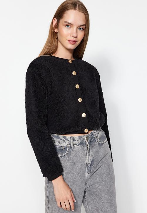 Trendyol - Black gold buttoned plush crop cardigan
