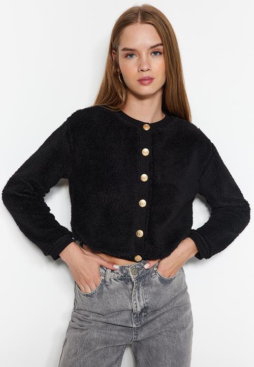 Trendyol - Black gold buttoned plush crop cardigan