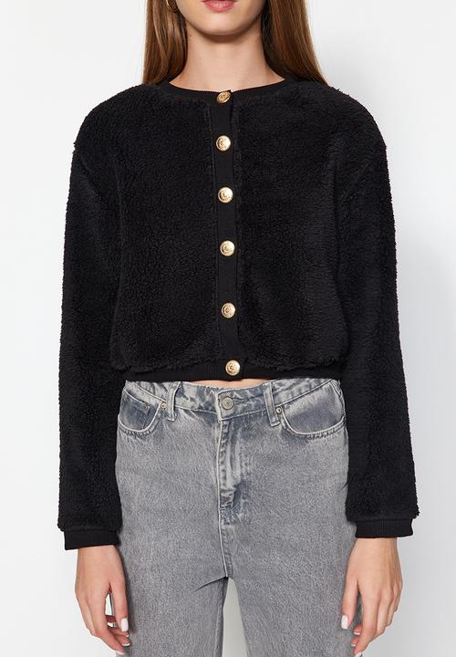 Trendyol - Black gold buttoned plush crop cardigan