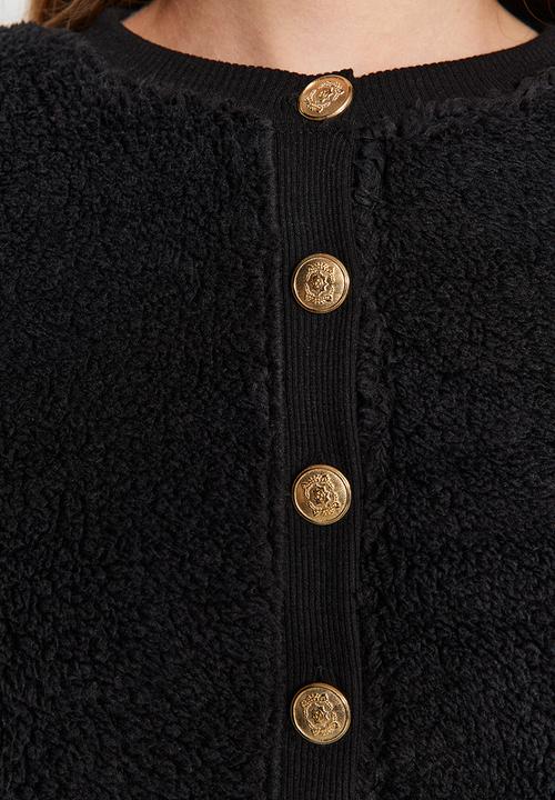 Trendyol - Black gold buttoned plush crop cardigan