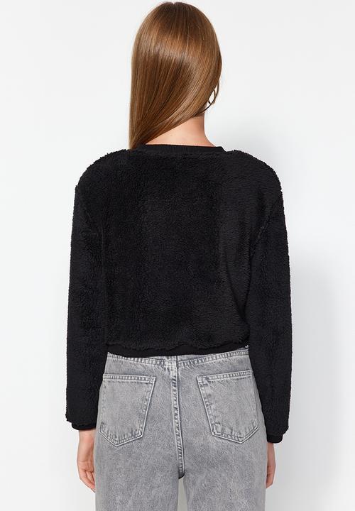 Trendyol - Black gold buttoned plush crop cardigan