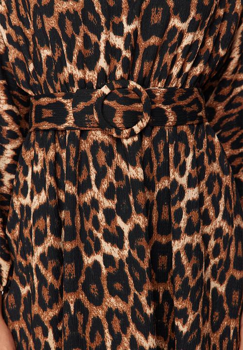 Trendyol - Leopard Patterned Belt Detailed Woven Dress - Brown 