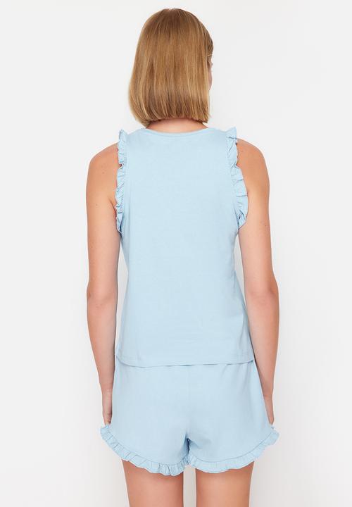 Trendyol - Cotton Knitted Pajama Set - Blue 