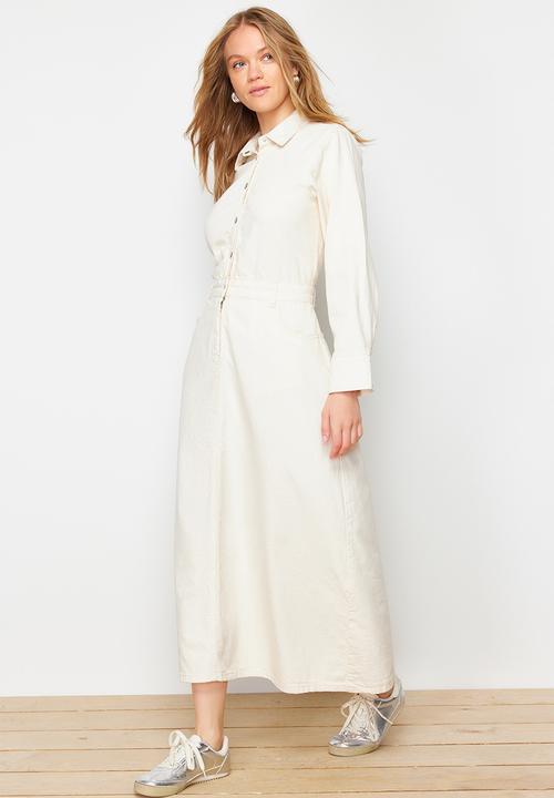 Trendyol - Plain Shirt Maxi Denim Dress - Ecru 