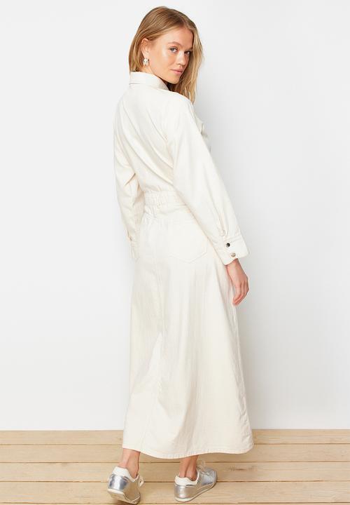 Trendyol - Plain Shirt Maxi Denim Dress - Ecru 