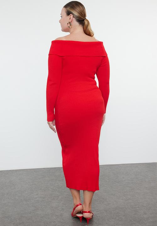 Trendyol - Ribbed carmen collar rose detailed knitwear dress - red 