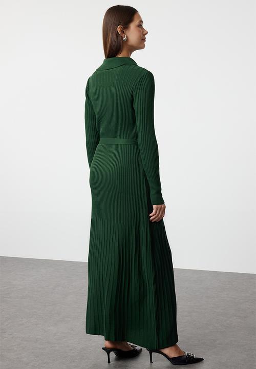 Trendyol - Belted Polo Neck Ribbed Knit Dress - Dark Green 