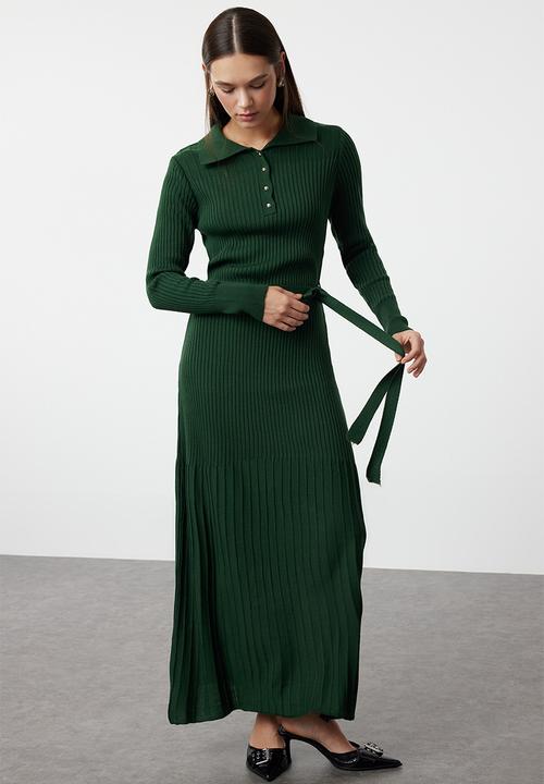 Trendyol - Belted Polo Neck Ribbed Knit Dress - Dark Green 