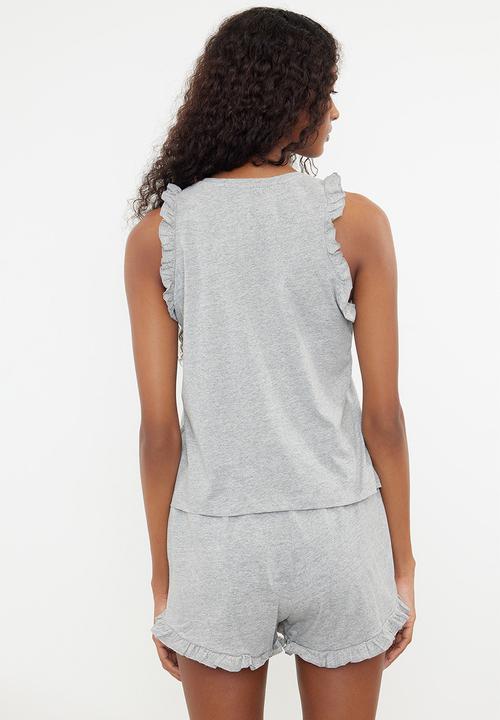 Trendyol - Cotton Knitted Pajama Set - Grey 