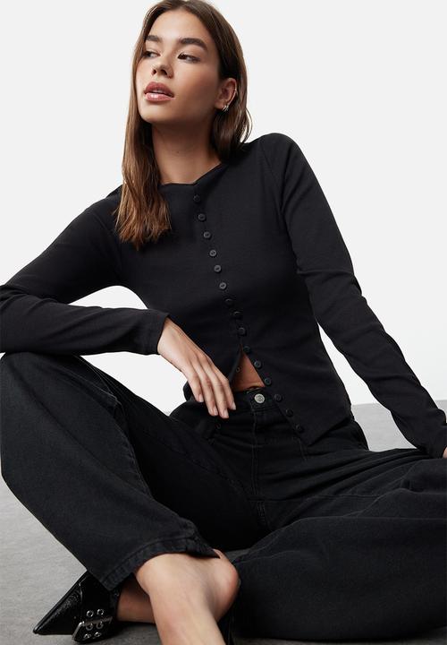Trendyol - Button detailed crew neck ribbed flexible knitwear- black 