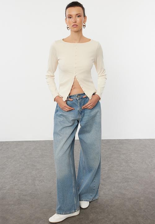 Trendyol - Button detailed crew neck ribbed flexible knitwear - stone  