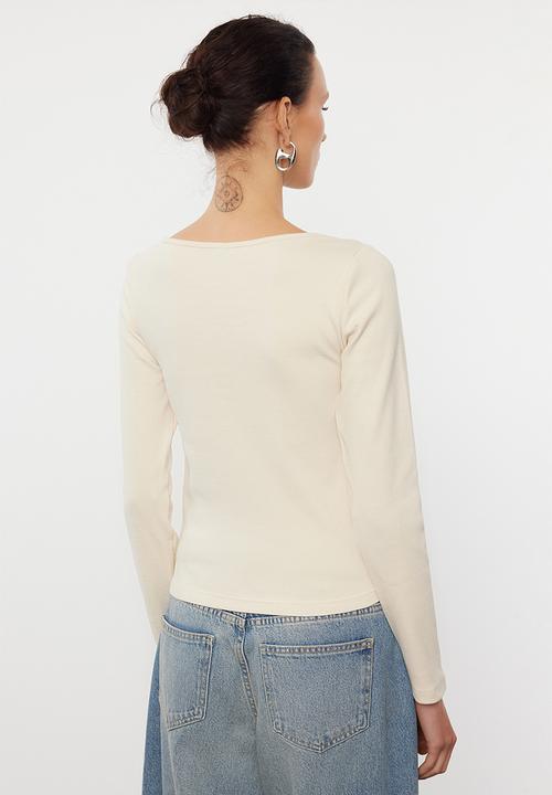 Trendyol - Button detailed crew neck ribbed flexible knitwear - stone  