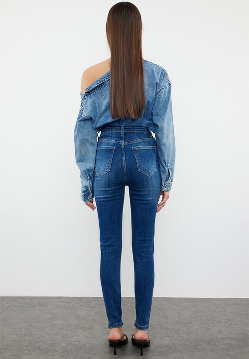 Trendyol - Premium High Waist Skinny Jeans - Dark Blue 
