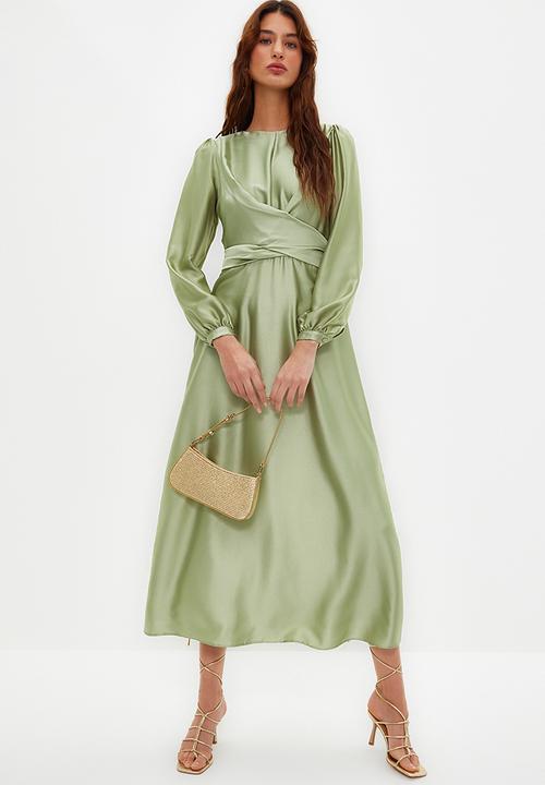 Trendyol - Cross Tie Detailed Satin Look Evening Dress - Light Green 