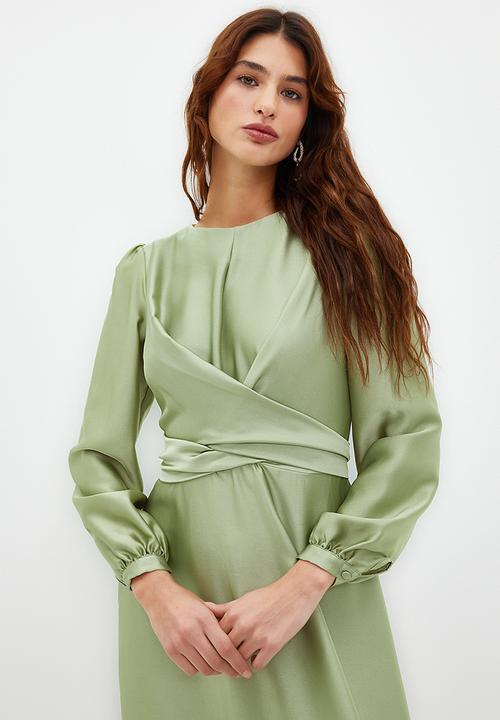 Trendyol - Cross Tie Detailed Satin Look Evening Dress - Light Green 