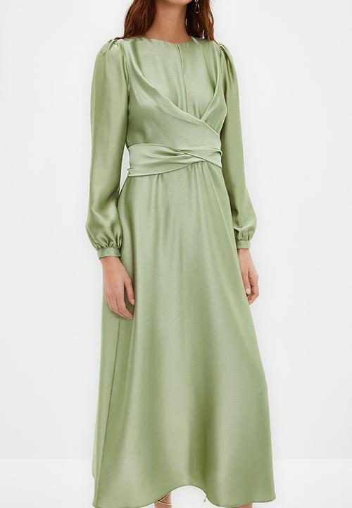 Trendyol - Cross Tie Detailed Satin Look Evening Dress - Light Green 