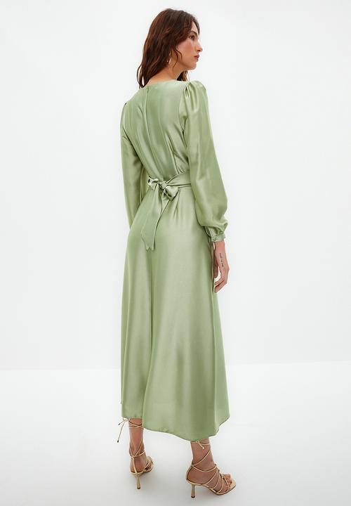 Trendyol - Cross Tie Detailed Satin Look Evening Dress - Light Green 
