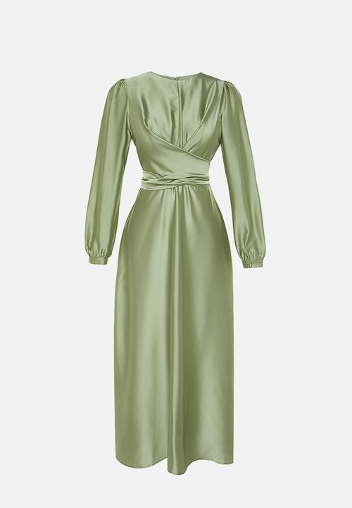 Trendyol - Cross Tie Detailed Satin Look Evening Dress - Light Green 