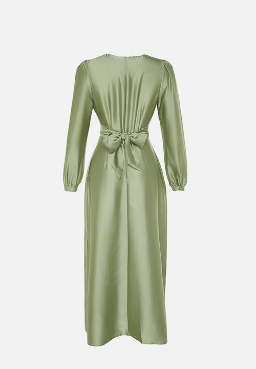 Trendyol - Cross Tie Detailed Satin Look Evening Dress - Light Green 