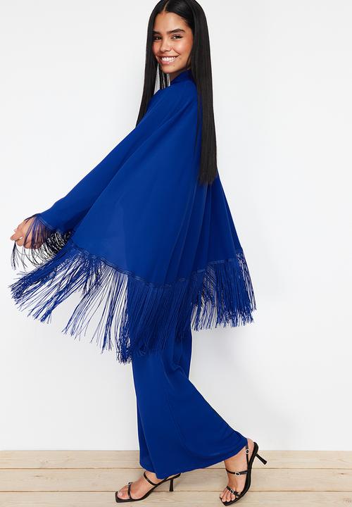 Trendyol - Tasseled Jumpsuit-Cape Evening Dress - Navy Blue 