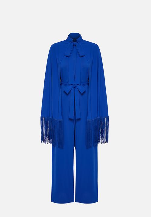 Trendyol - Tasseled Jumpsuit-Cape Evening Dress - Navy Blue 