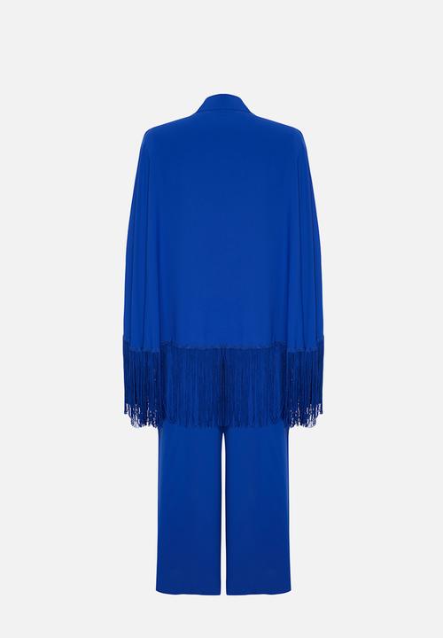 Trendyol - Tasseled Jumpsuit-Cape Evening Dress - Navy Blue 