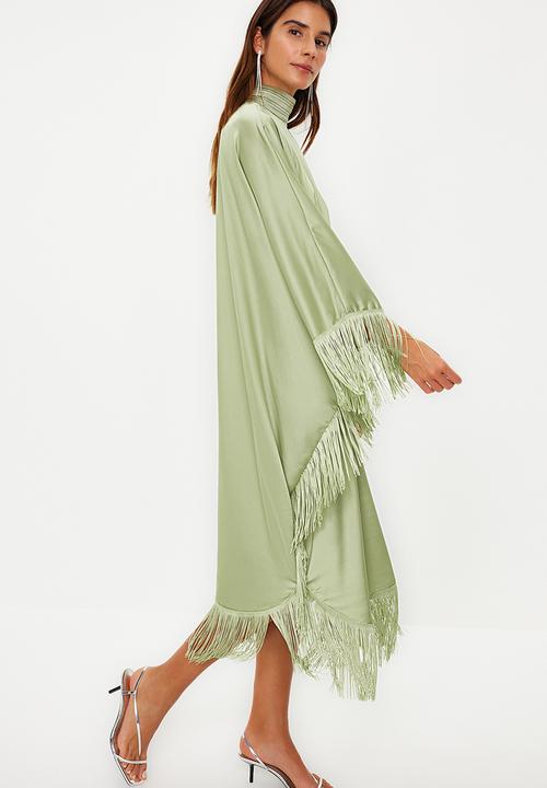 Trendyol - Tassel Detailed Satin Kaftan Evening Dress - Khaki 