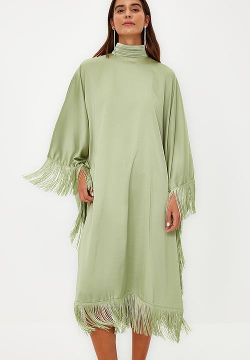 Trendyol - Tassel Detailed Satin Kaftan Evening Dress - Khaki 
