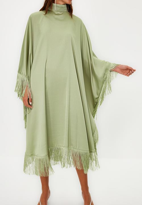 Trendyol - Tassel Detailed Satin Kaftan Evening Dress - Khaki 