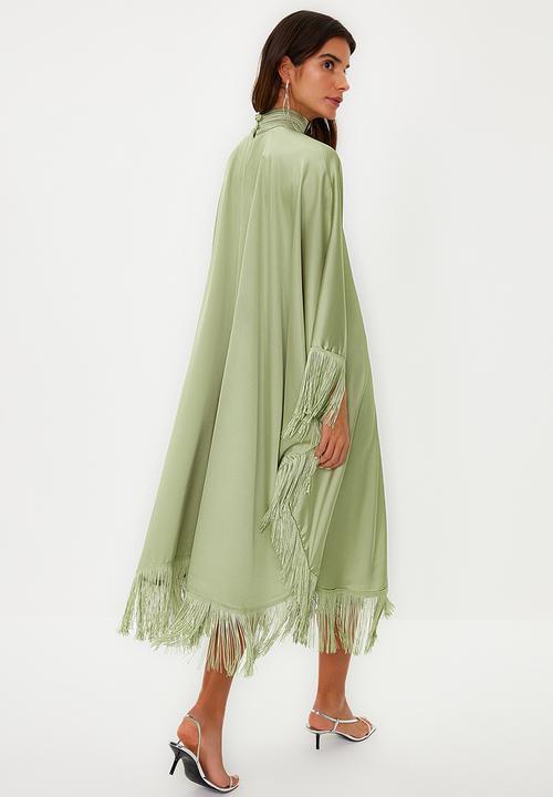 Trendyol - Tassel Detailed Satin Kaftan Evening Dress - Khaki 
