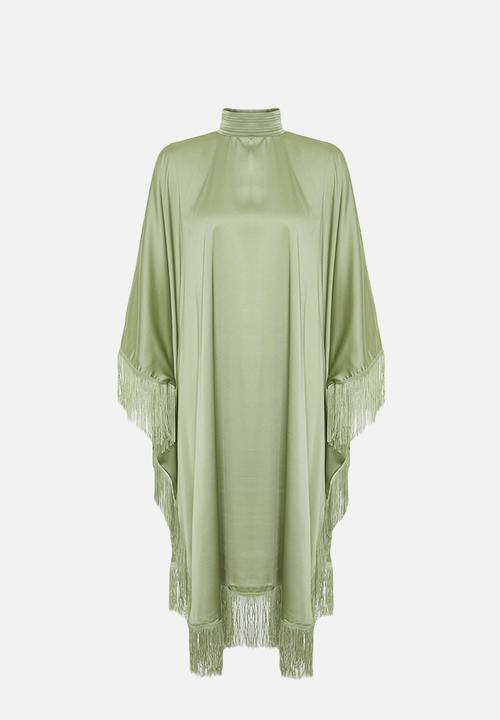 Trendyol - Tassel Detailed Satin Kaftan Evening Dress - Khaki 