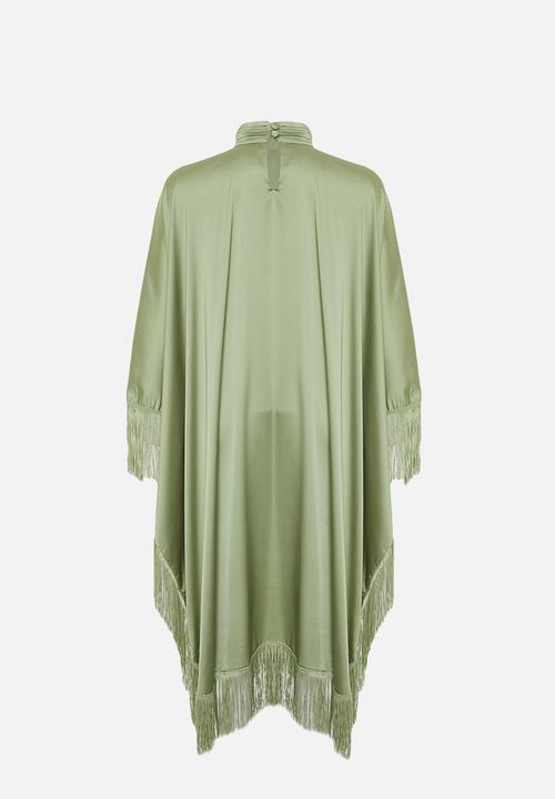 Trendyol - Tassel Detailed Satin Kaftan Evening Dress - Khaki 