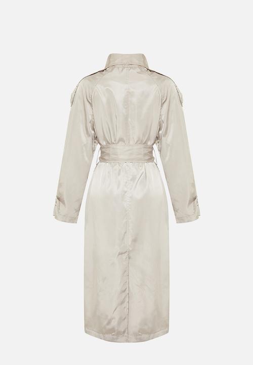 Trendyol - Oversize Wide-Cut Collar Button Shiny Belted Trench Coat - Beige 