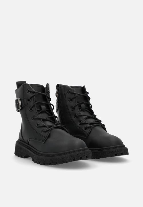 Pop Candy - Buckle strap lace up boots - black