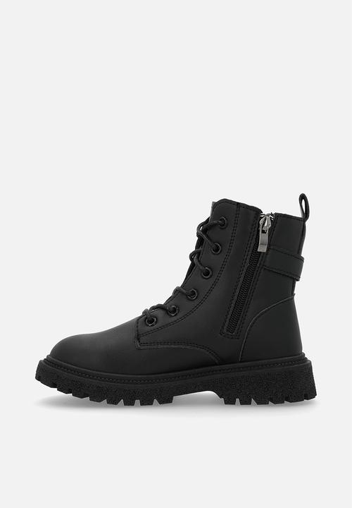 Pop Candy - Buckle strap lace up boots - black