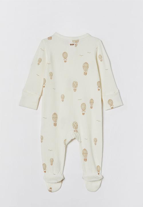 Cotton On - Organic pointelle zip romper - milk/hot air balloons