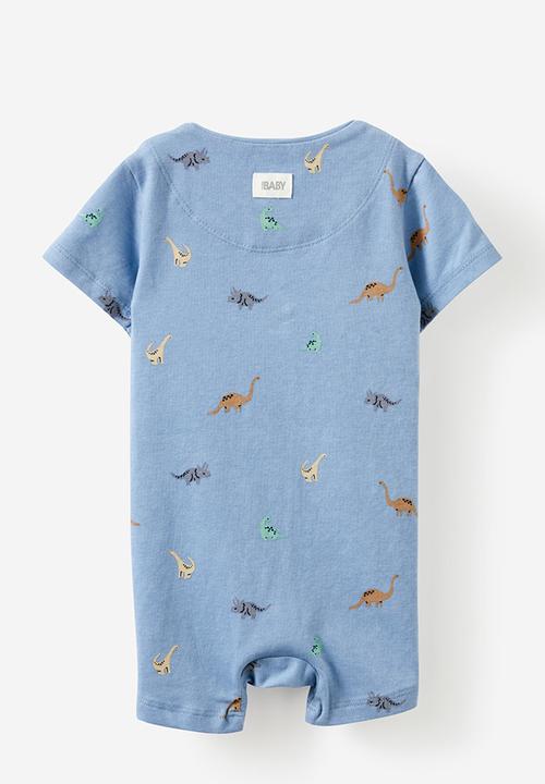 Cotton On - The short sleeve zip romper - dusty blue/ditsy dino