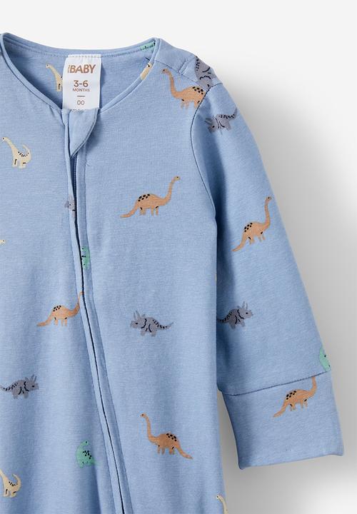Cotton On - The billie long sleeve zip romper - dusty blue/ditsy dino