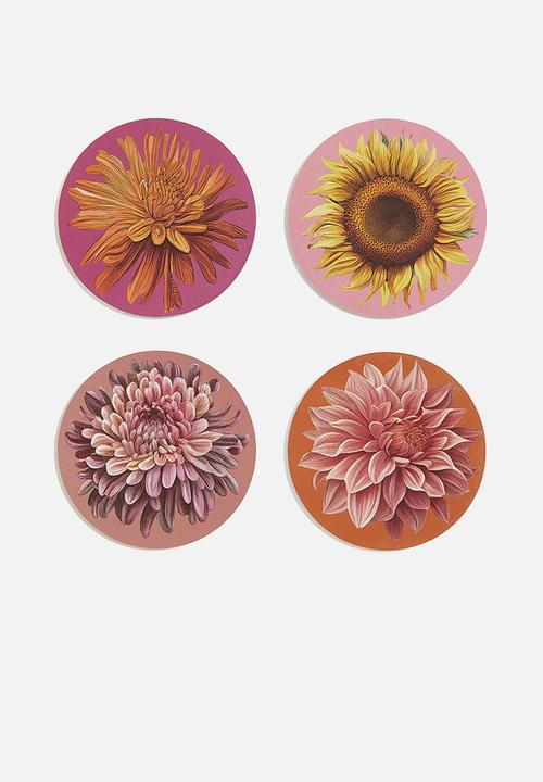 H&M - 4 pack graphic-print coasters - dark pink flower