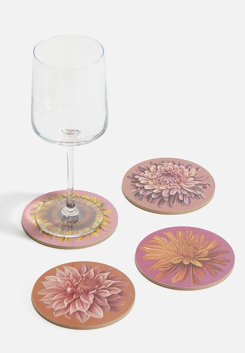H&M - 4 pack graphic-print coasters - dark pink flower