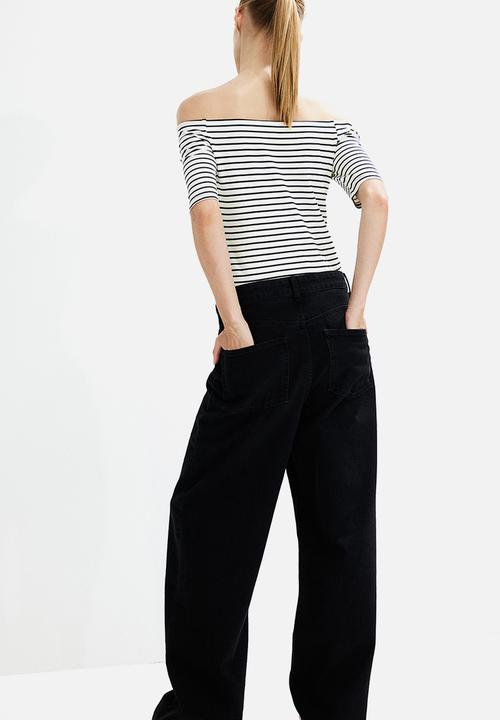 H&M - Off-the-shoulder jersey top - white & navy blue striped