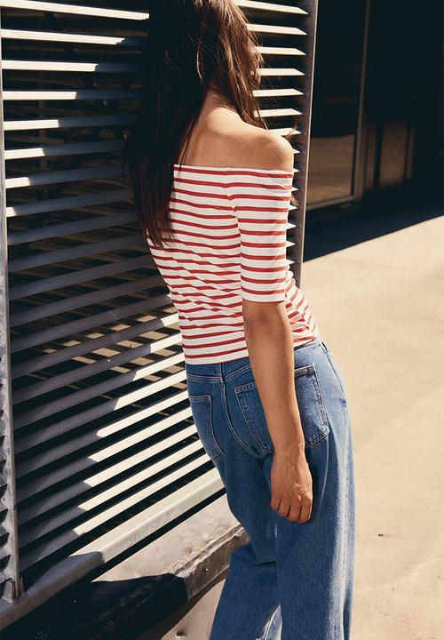 H&M - Off-the-shoulder jersey top - white/red striped