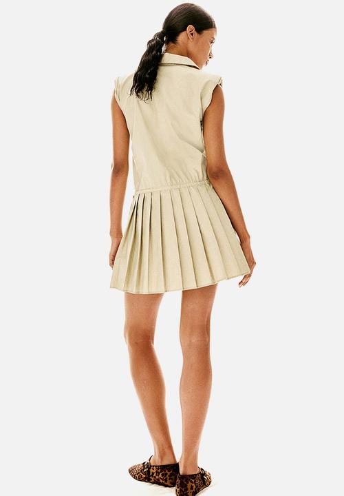 H&M - Pleated-skirt shoulder-pad dress - light beige
