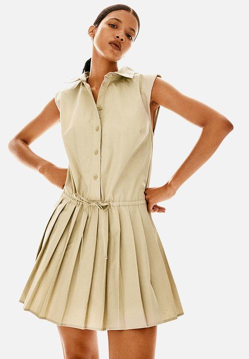 H&M - Pleated-skirt shoulder-pad dress - light beige